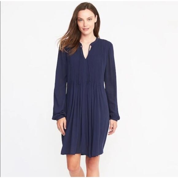 Old Navy Pintuck Lost At Sea V-Neck Long Sleeve Swing Dress Size Large - Picture 1 of 13